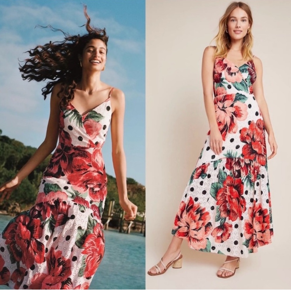 Farm Rio Riviera Floral Eyelet Polka Dot Maxi Dress